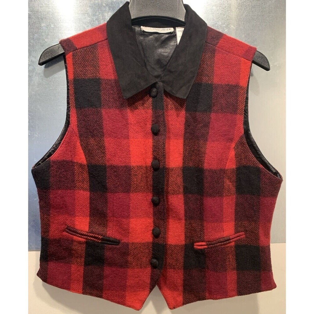 Chrysantheme Buffalo Plaid Women's Wool Blend w/Leather Collar Vest L Vintage
